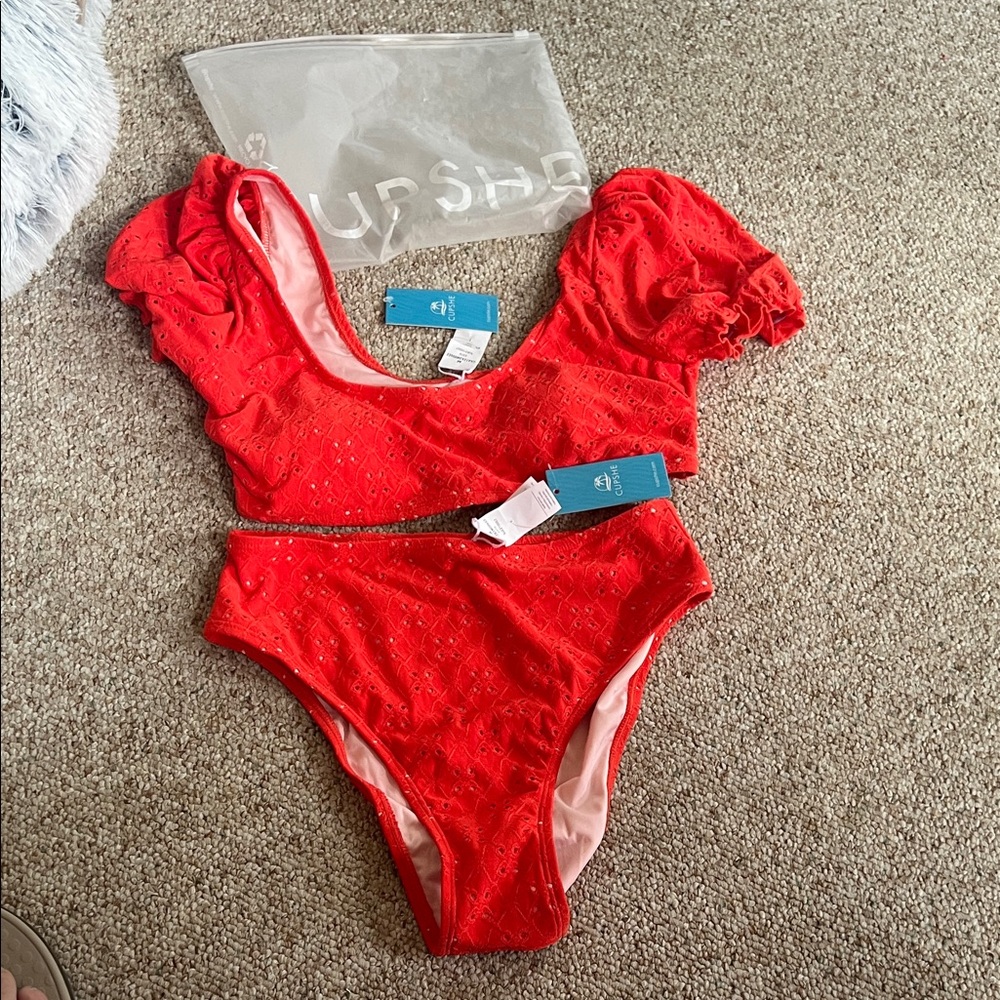 Orange/Red eyelet puff sleeves bikini